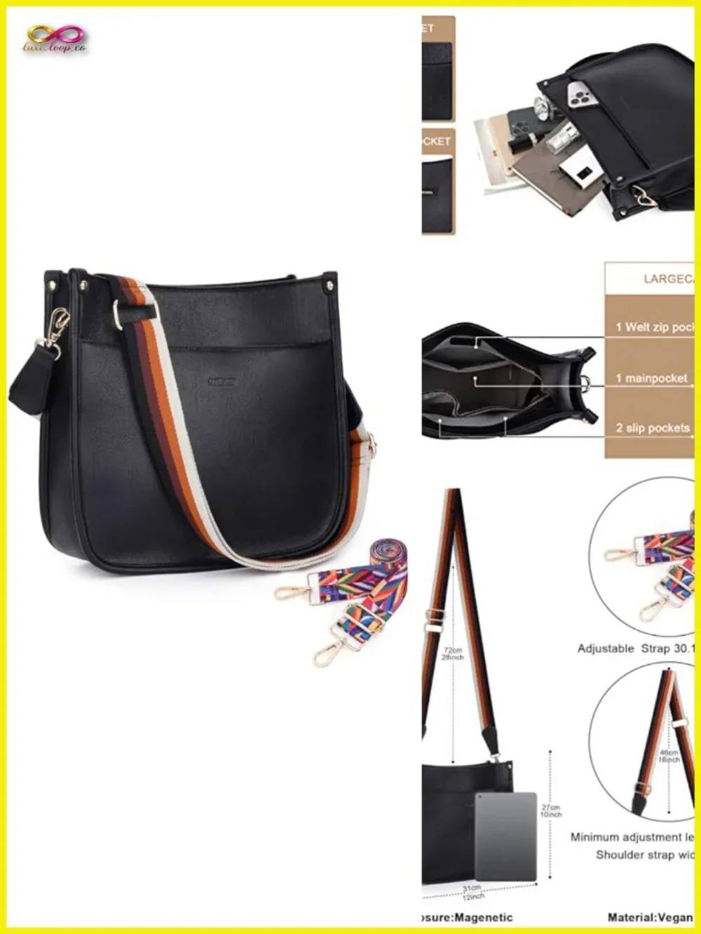 Vegan Leather Hobo Handbag with 2 Adjustable Guitar Straps Crossbody Bag